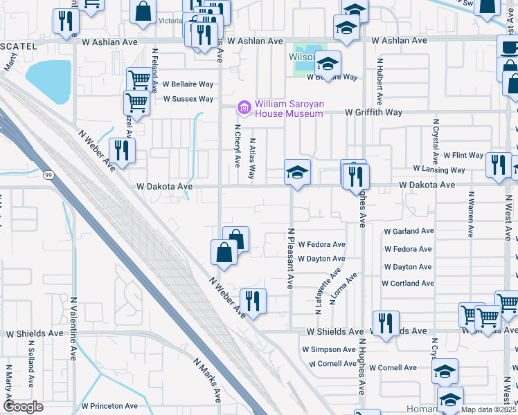 map of restaurants, bars, coffee shops, grocery stores, and more near 2707 West Dakota Avenue in Fresno