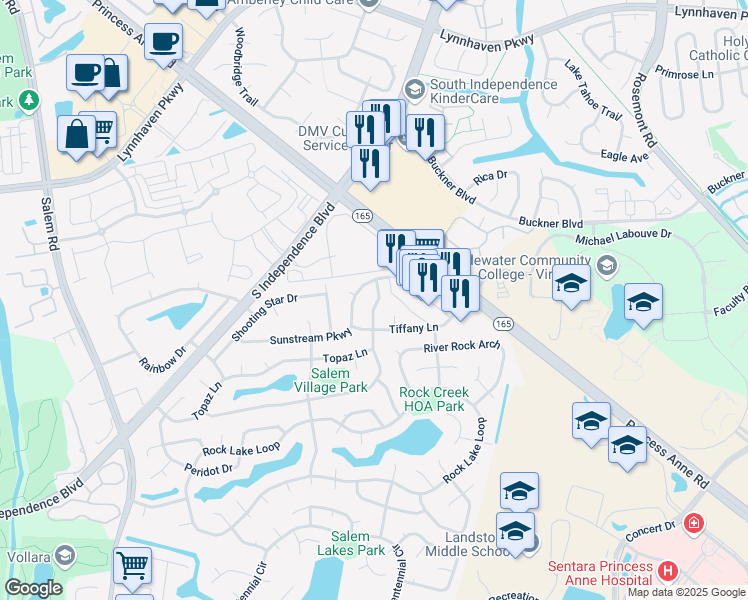map of restaurants, bars, coffee shops, grocery stores, and more near 3824 Sunstream Parkway in Virginia Beach