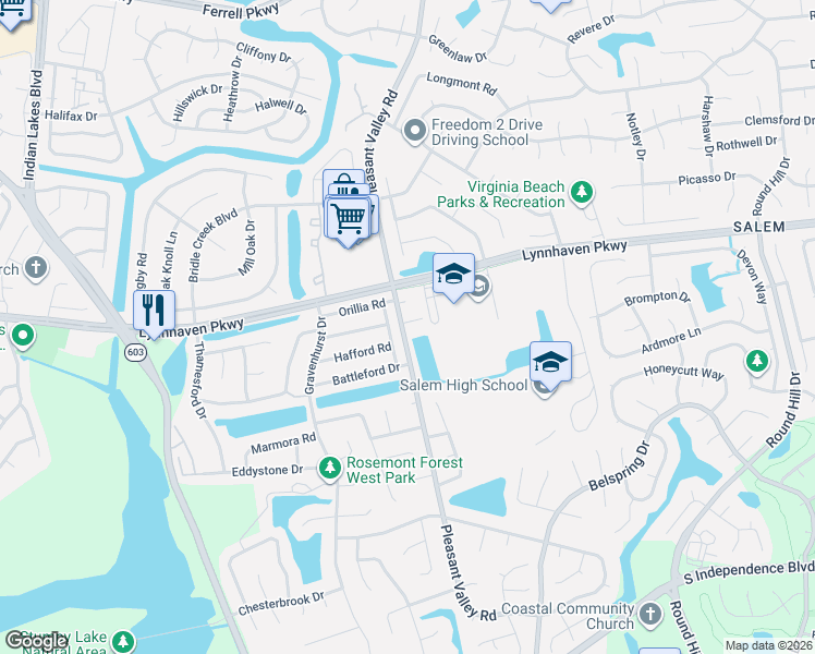 map of restaurants, bars, coffee shops, grocery stores, and more near 1206 Naxera Circle in Virginia Beach
