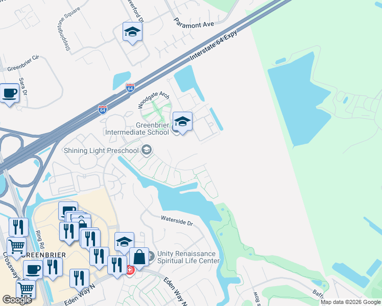 map of restaurants, bars, coffee shops, grocery stores, and more near 2022 Dawnee Brook Trail North in Chesapeake