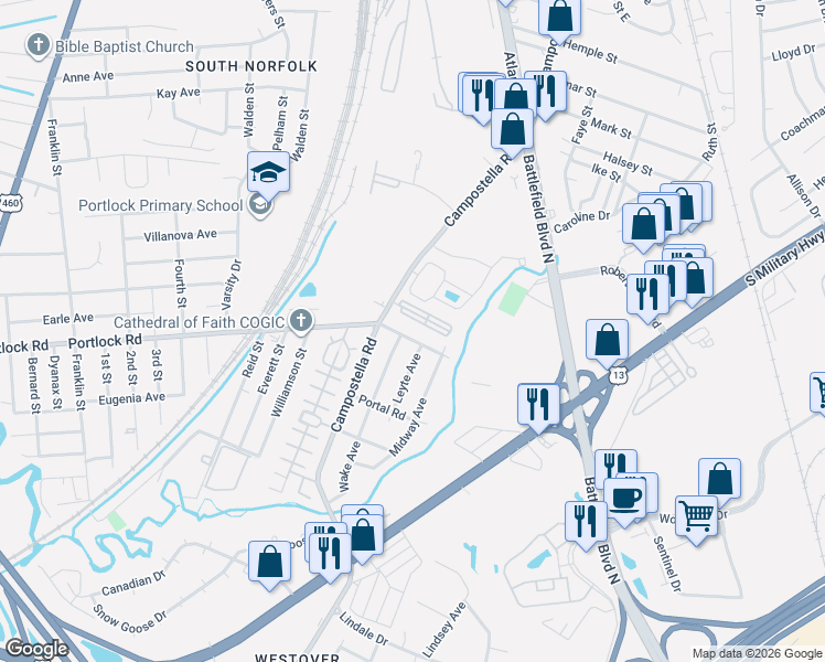 map of restaurants, bars, coffee shops, grocery stores, and more near 1907 Campostella Road in Chesapeake