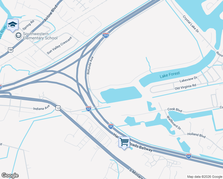 map of restaurants, bars, coffee shops, grocery stores, and more near 4021 Grand Isle Drive in Chesapeake