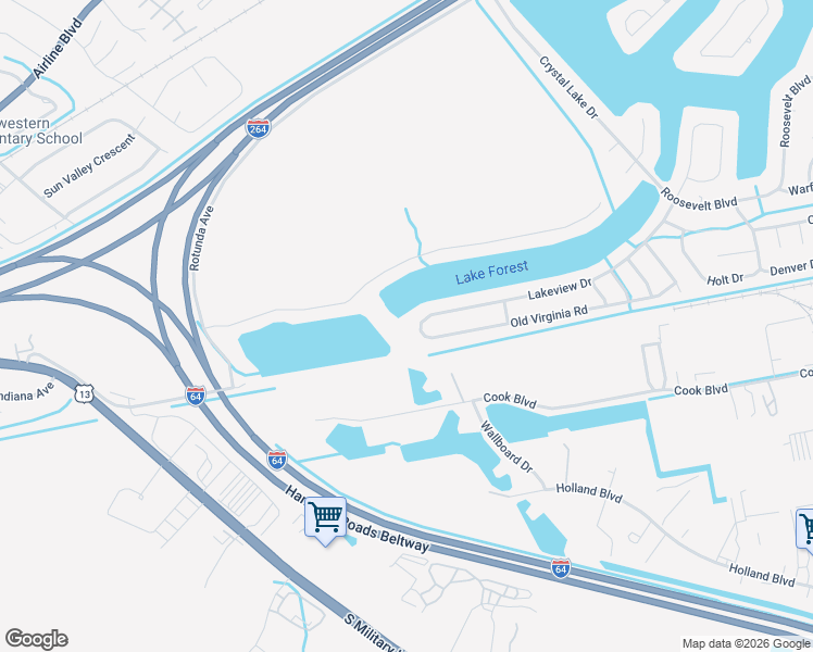 map of restaurants, bars, coffee shops, grocery stores, and more near 4148 Lakeview Drive in Chesapeake