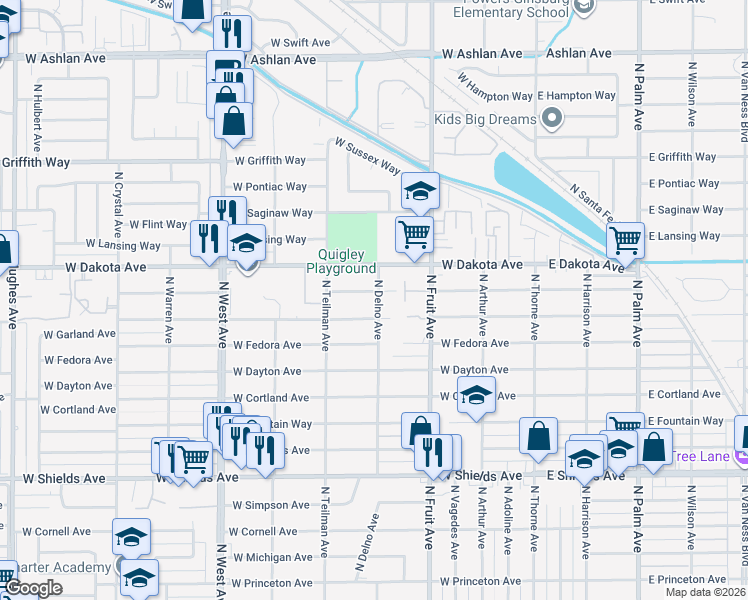 map of restaurants, bars, coffee shops, grocery stores, and more near 708 West Robinson Avenue in Fresno