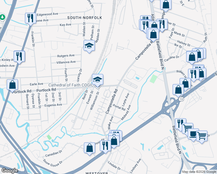 map of restaurants, bars, coffee shops, grocery stores, and more near 100 Homecrest Boulevard in Chesapeake