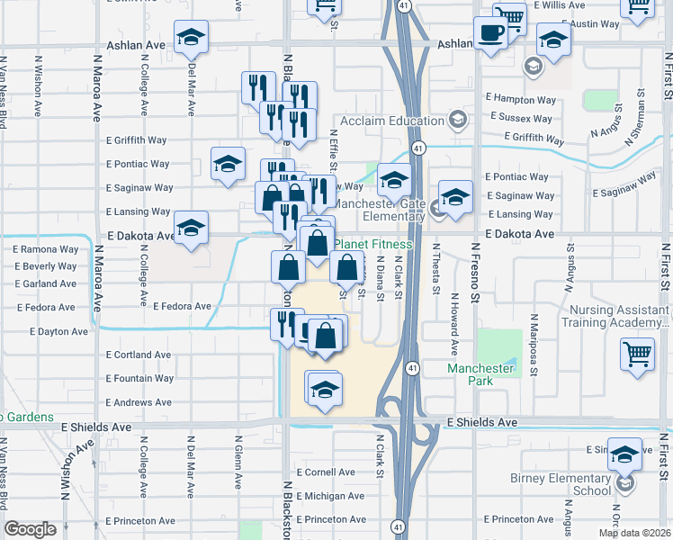 map of restaurants, bars, coffee shops, grocery stores, and more near 3741 North Abby Street in Fresno