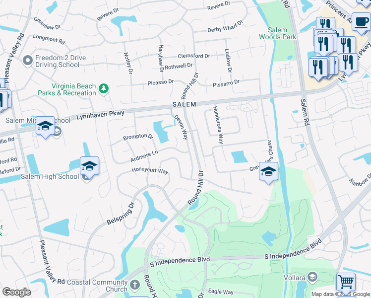map of restaurants, bars, coffee shops, grocery stores, and more near 1673 Devon Way in Virginia Beach