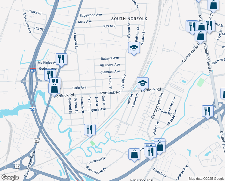 map of restaurants, bars, coffee shops, grocery stores, and more near 1701 Portlock Road in Chesapeake