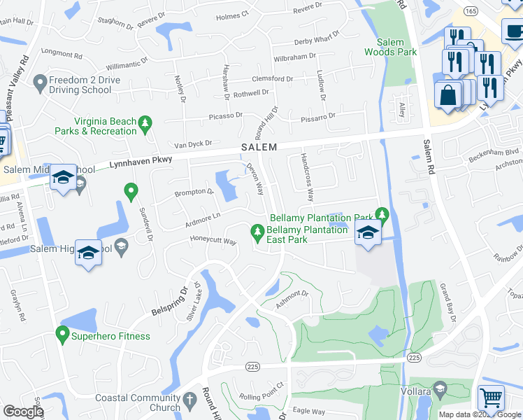 map of restaurants, bars, coffee shops, grocery stores, and more near 1673 Devon Way in Virginia Beach