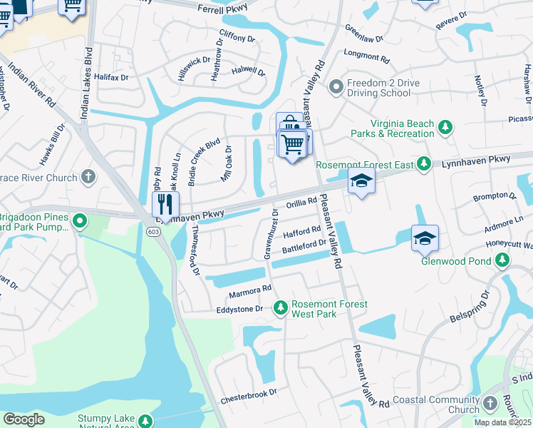 map of restaurants, bars, coffee shops, grocery stores, and more near 1404 Collingswood Trail in Virginia Beach