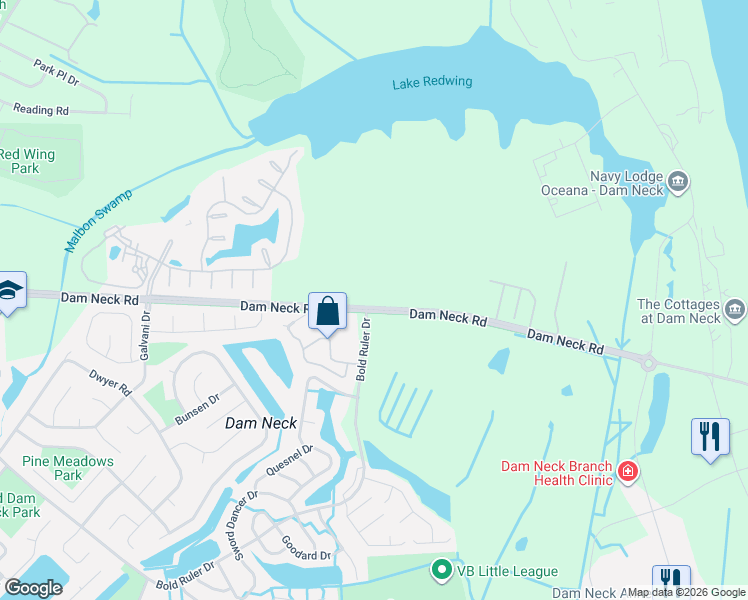 map of restaurants, bars, coffee shops, grocery stores, and more near 580 Dam Neck Road in Virginia Beach