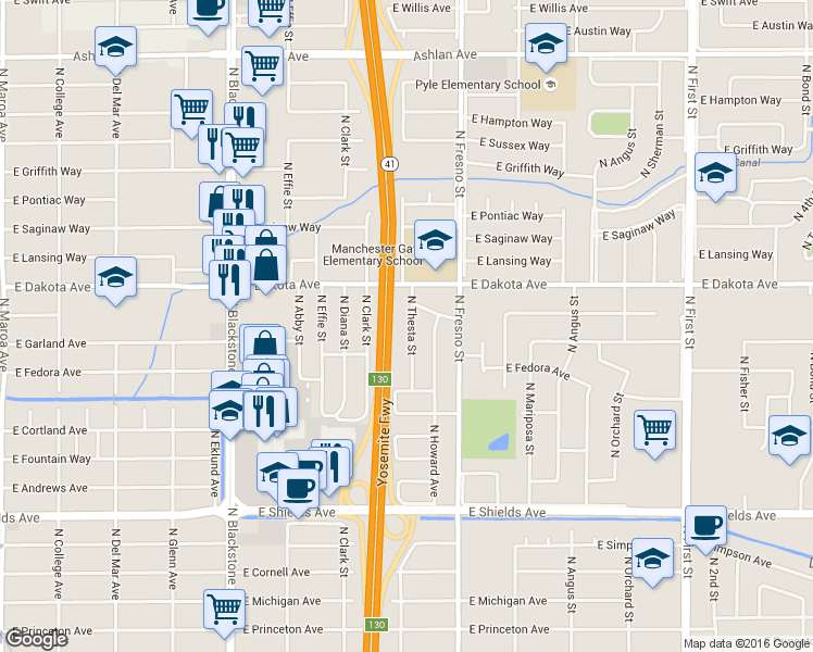 map of restaurants, bars, coffee shops, grocery stores, and more near 3767 North Thesta Street in Fresno