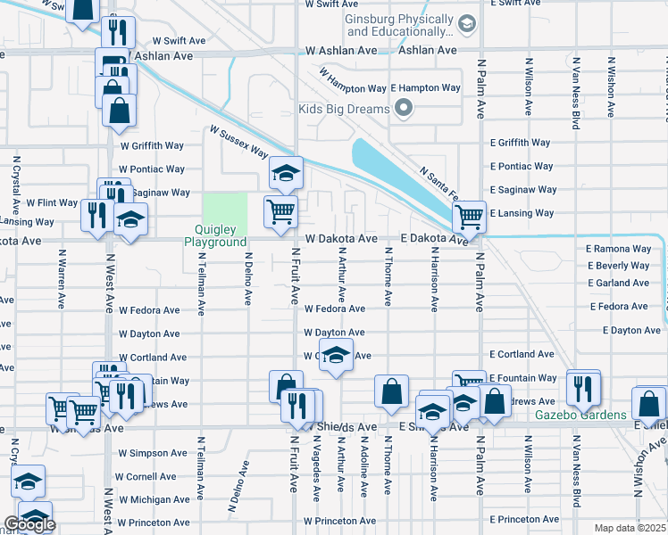map of restaurants, bars, coffee shops, grocery stores, and more near 3763 North Arthur Avenue in Fresno