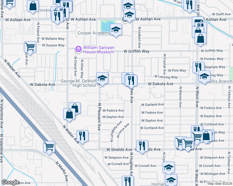 map of restaurants, bars, coffee shops, grocery stores, and more near 2317 West Dakota Avenue in Fresno