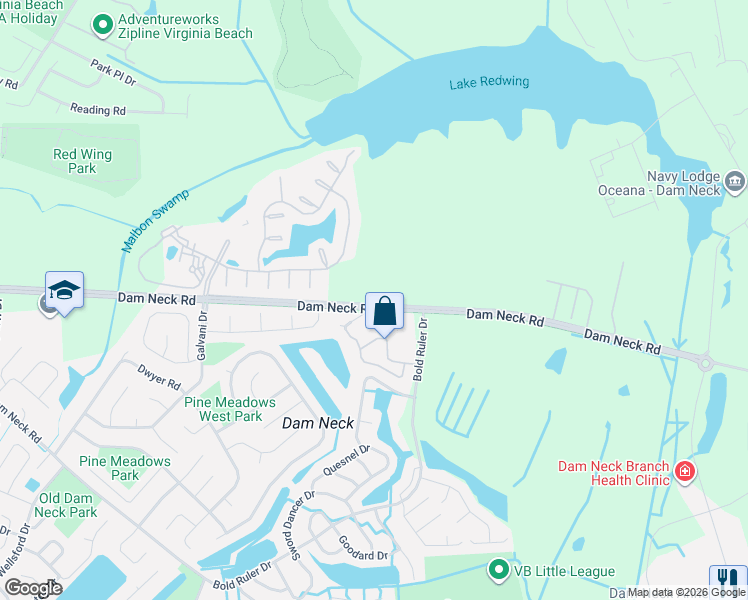 map of restaurants, bars, coffee shops, grocery stores, and more near 500-642 Dam Neck Road in Virginia Beach
