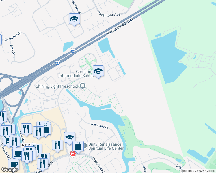 map of restaurants, bars, coffee shops, grocery stores, and more near 2022 Dawnee Brook Trail North in Chesapeake