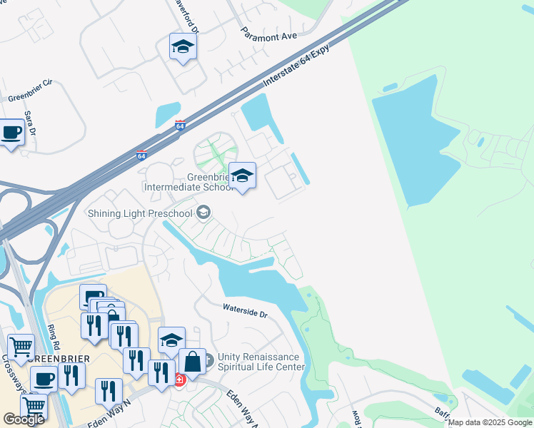 map of restaurants, bars, coffee shops, grocery stores, and more near 2022 Dawnee Brook Trail North in Chesapeake