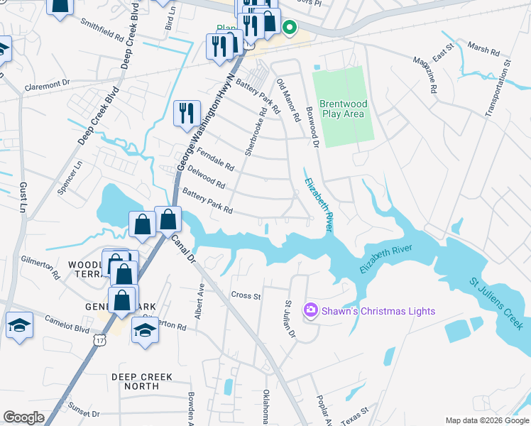 map of restaurants, bars, coffee shops, grocery stores, and more near 2225 Delwood Road in Chesapeake