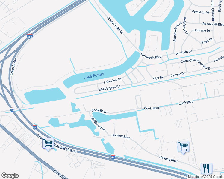 map of restaurants, bars, coffee shops, grocery stores, and more near 4025 Old Virginia Road in Chesapeake