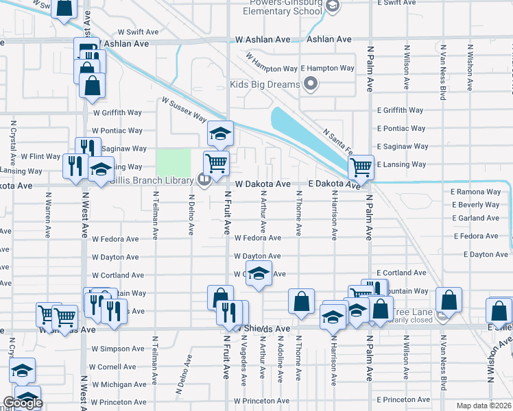 map of restaurants, bars, coffee shops, grocery stores, and more near 3763 North Arthur Avenue in Fresno