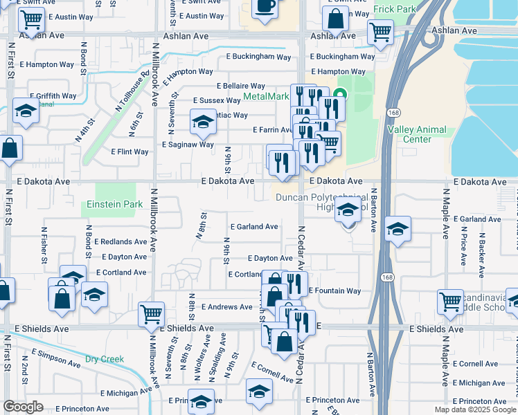 map of restaurants, bars, coffee shops, grocery stores, and more near 4071 East Robinson Avenue in Fresno