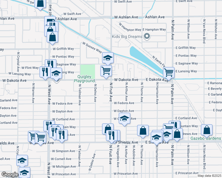 map of restaurants, bars, coffee shops, grocery stores, and more near 3711 North Fruit Avenue in Fresno
