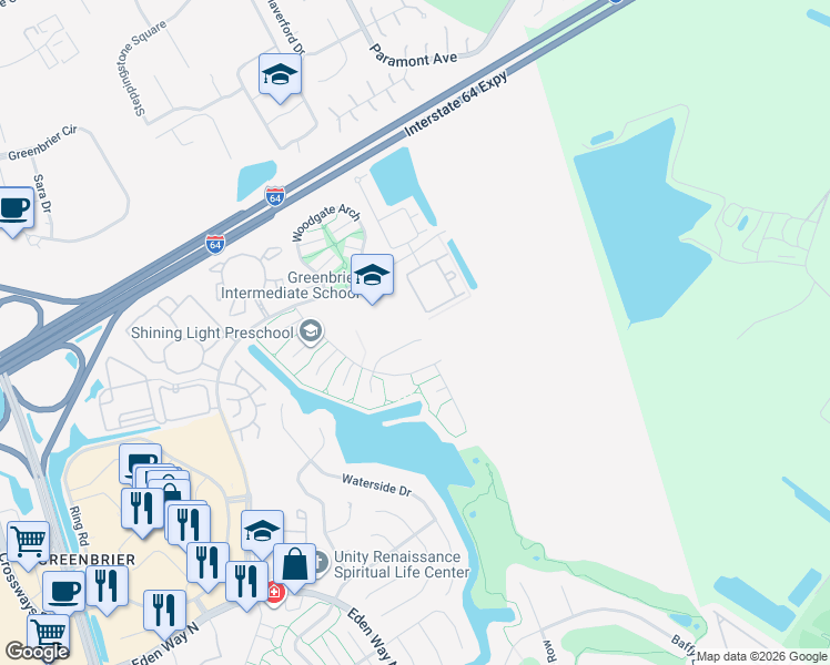 map of restaurants, bars, coffee shops, grocery stores, and more near 2022 Dawnee Brook Trail North in Chesapeake