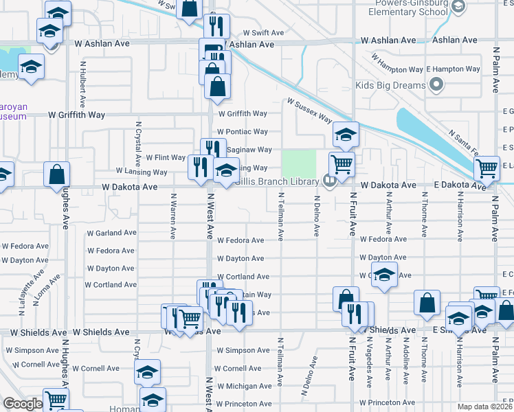 map of restaurants, bars, coffee shops, grocery stores, and more near 1027 West Dakota Avenue in Fresno
