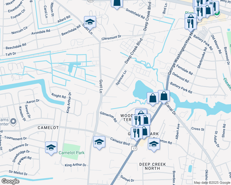 map of restaurants, bars, coffee shops, grocery stores, and more near Artis Avenue in Chesapeake