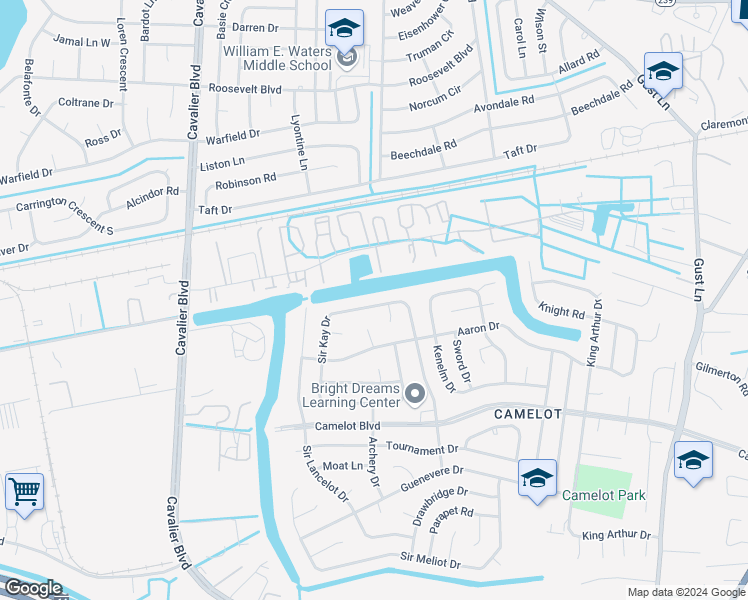 map of restaurants, bars, coffee shops, grocery stores, and more near 1245 Sir Kay Drive in Chesapeake