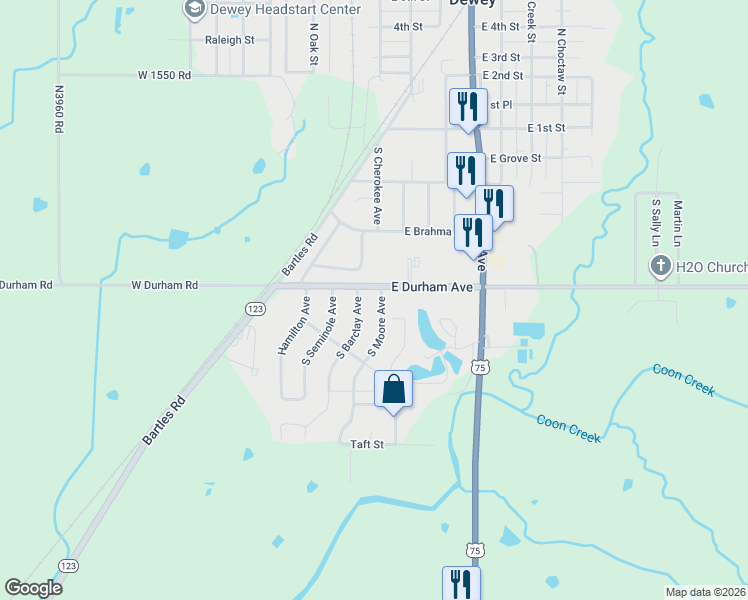 map of restaurants, bars, coffee shops, grocery stores, and more near 412 South Barclay Avenue in Dewey