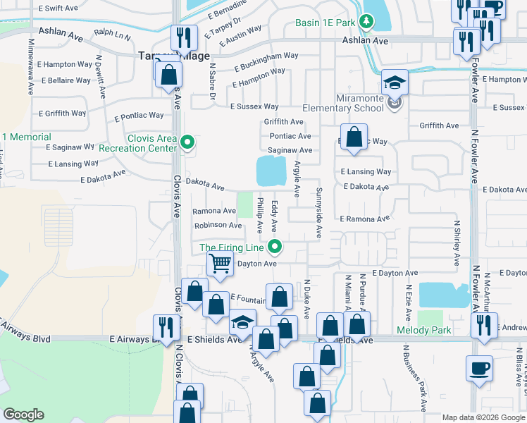map of restaurants, bars, coffee shops, grocery stores, and more near 3644 Phillip Avenue in Clovis