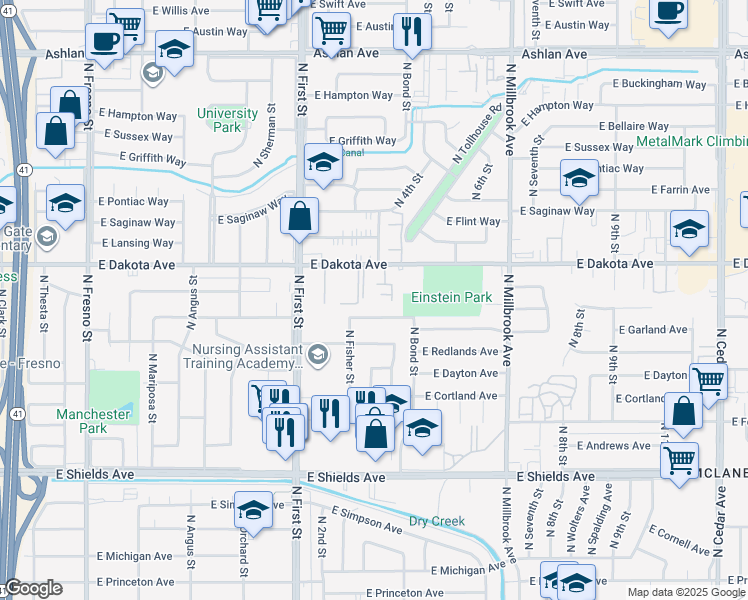 map of restaurants, bars, coffee shops, grocery stores, and more near 3340 East Dakota Avenue in Fresno
