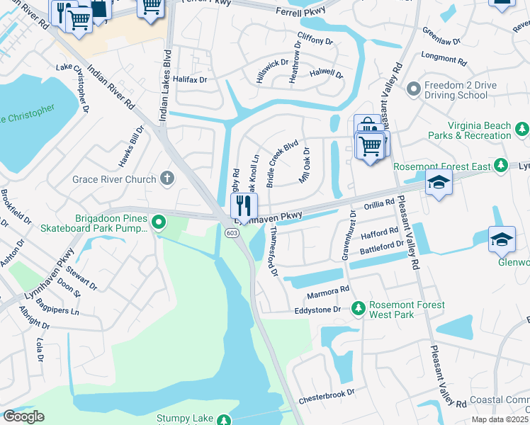 map of restaurants, bars, coffee shops, grocery stores, and more near 1575 Bridle Creek Boulevard in Virginia Beach