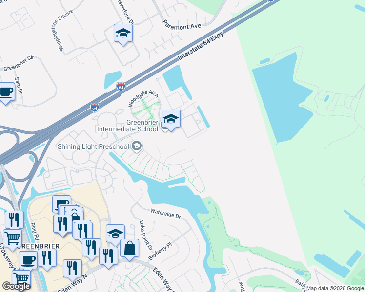 map of restaurants, bars, coffee shops, grocery stores, and more near 2022 Dawnee Brook Trail North in Chesapeake