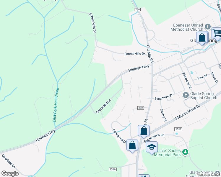 map of restaurants, bars, coffee shops, grocery stores, and more near Hillman Highway in Glade Spring