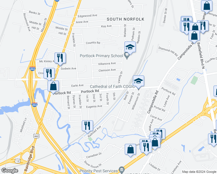 map of restaurants, bars, coffee shops, grocery stores, and more near 1701 Portlock Road in Chesapeake