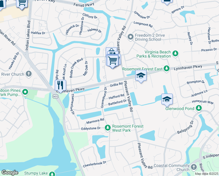 map of restaurants, bars, coffee shops, grocery stores, and more near 1366 Orillia Road in Virginia Beach