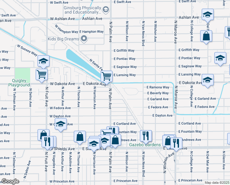 map of restaurants, bars, coffee shops, grocery stores, and more near 3728 North Palm Avenue in Fresno