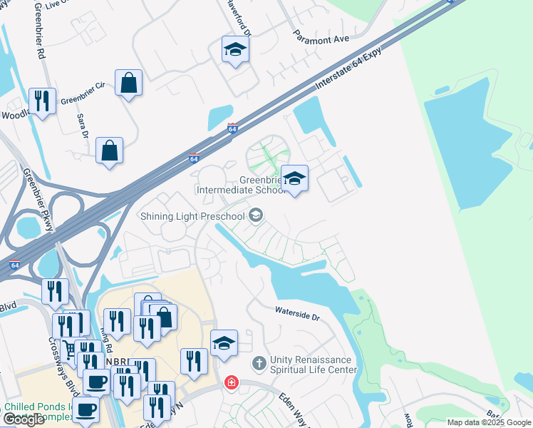 map of restaurants, bars, coffee shops, grocery stores, and more near 2112 Logans Mill Trail in Chesapeake