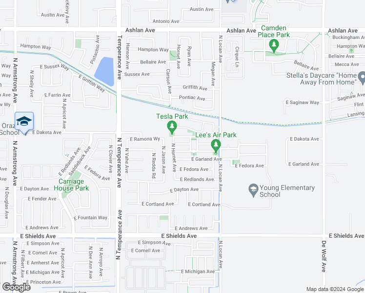 map of restaurants, bars, coffee shops, grocery stores, and more near 7377 East Giavanna Avenue in Fresno