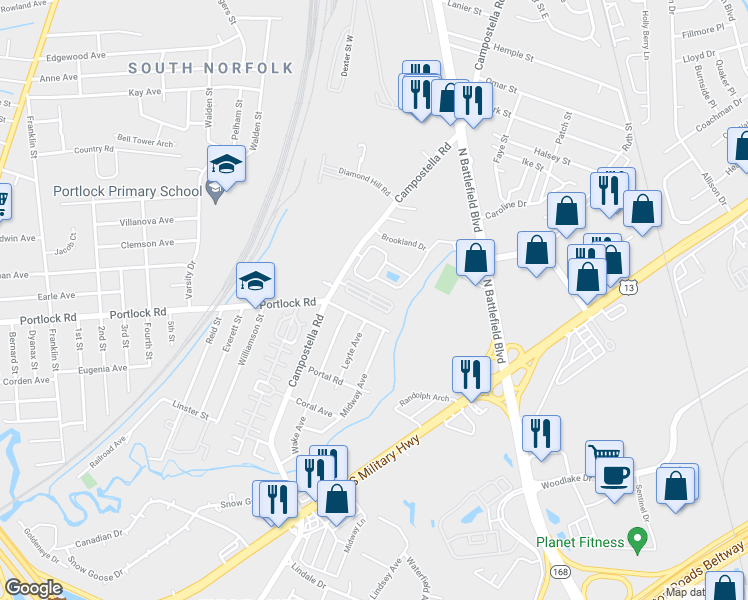 map of restaurants, bars, coffee shops, grocery stores, and more near 1907 Campostella Road in Chesapeake