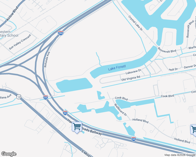 map of restaurants, bars, coffee shops, grocery stores, and more near 4148 Lakeview Drive in Chesapeake
