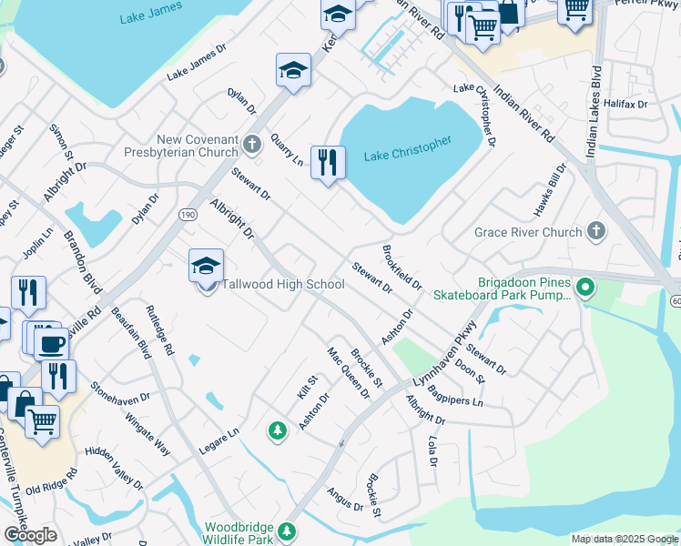 map of restaurants, bars, coffee shops, grocery stores, and more near 1604 Waff Road in Virginia Beach
