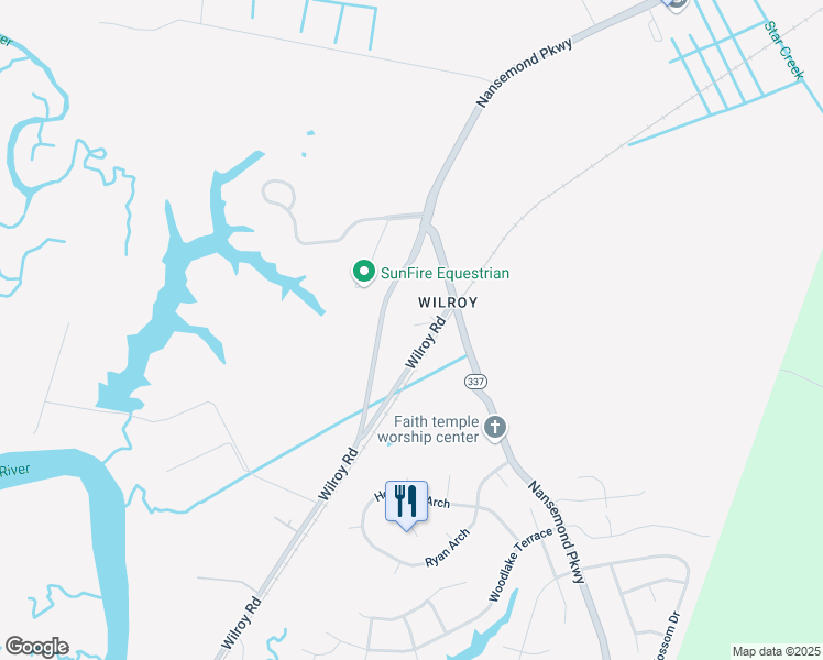 map of restaurants, bars, coffee shops, grocery stores, and more near 2757 Wilroy Road in Suffolk