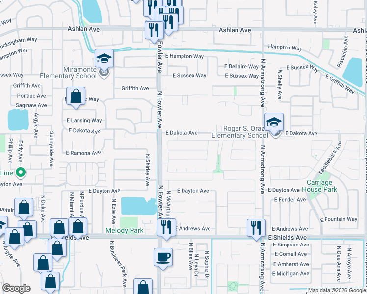 map of restaurants, bars, coffee shops, grocery stores, and more near 6000-6248 East Dakota Avenue in Fresno
