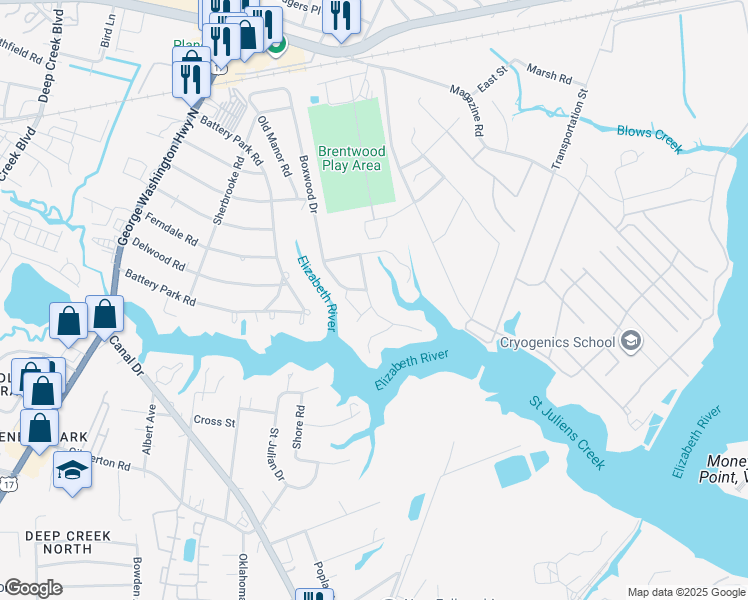 map of restaurants, bars, coffee shops, grocery stores, and more near 1249 North River Drive in Chesapeake