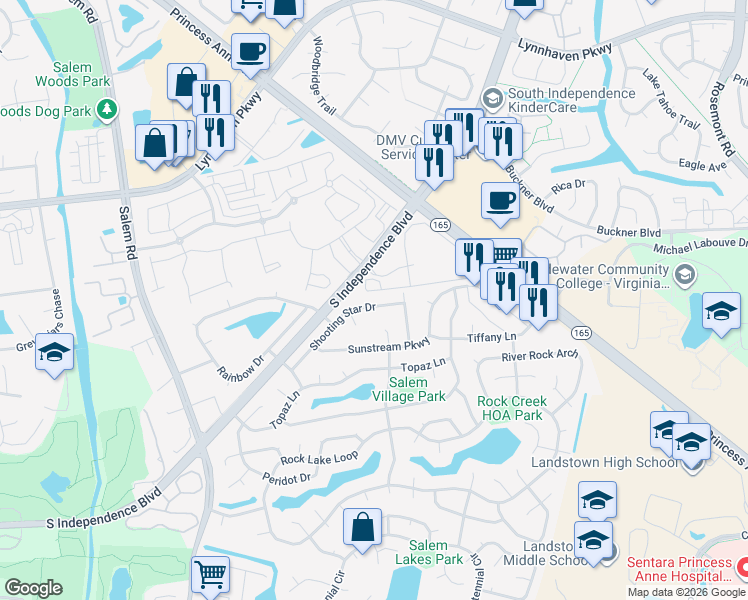 map of restaurants, bars, coffee shops, grocery stores, and more near 3828 Shooting Star Drive in Virginia Beach