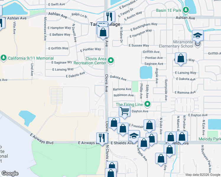 map of restaurants, bars, coffee shops, grocery stores, and more near 3660 Judy Avenue in Clovis