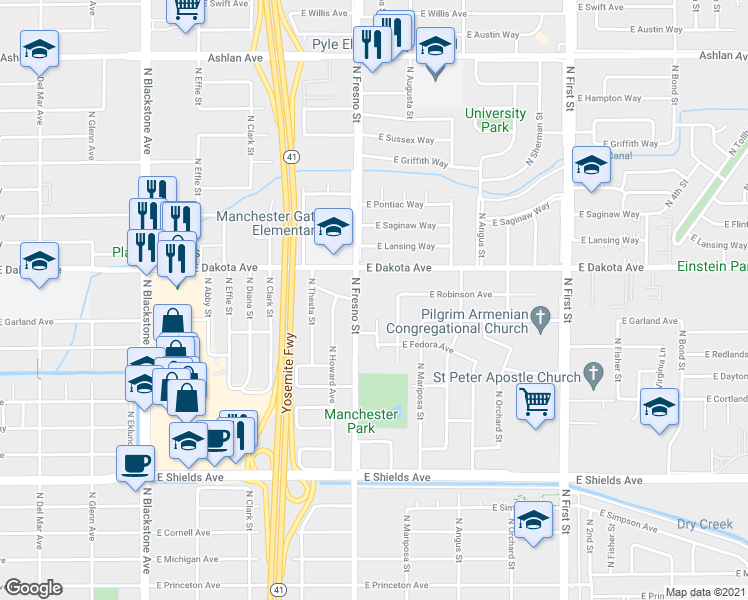 map of restaurants, bars, coffee shops, grocery stores, and more near 3750 North Fresno Street in Fresno